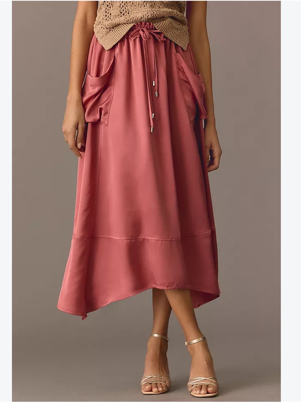 Anthropologie silky Parachute Skirt: Rose Drawstring Maxi Skirt with Pockets
